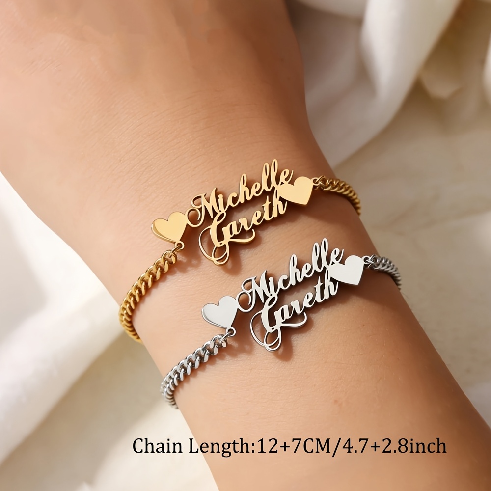 Custom Couple Name Golden Bracelet, Double Heart Design